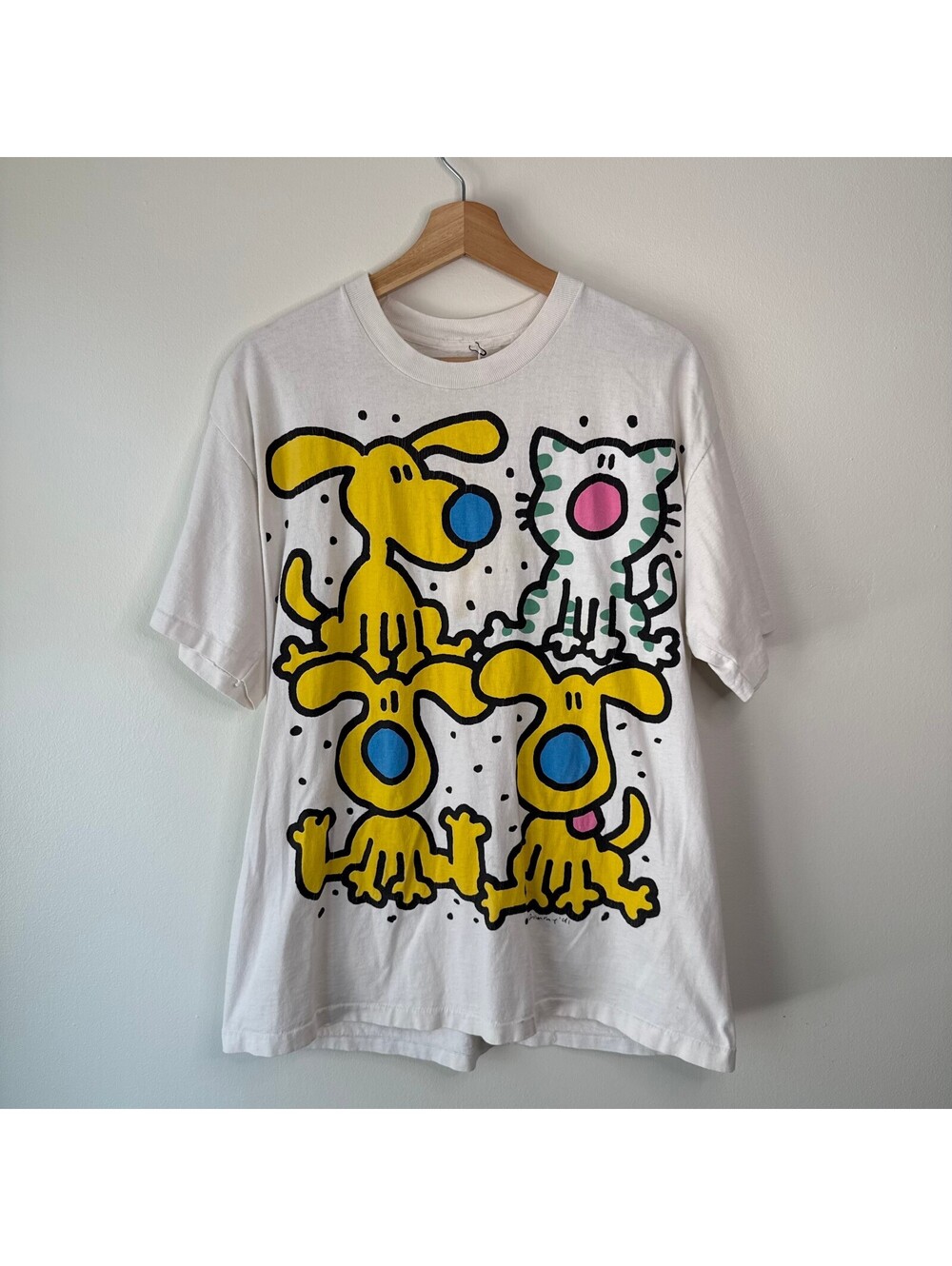 Vintage 90s Jimmy Dog & Cat Animal Pop Art Print Short Sleeve T-Shirt Size XL
